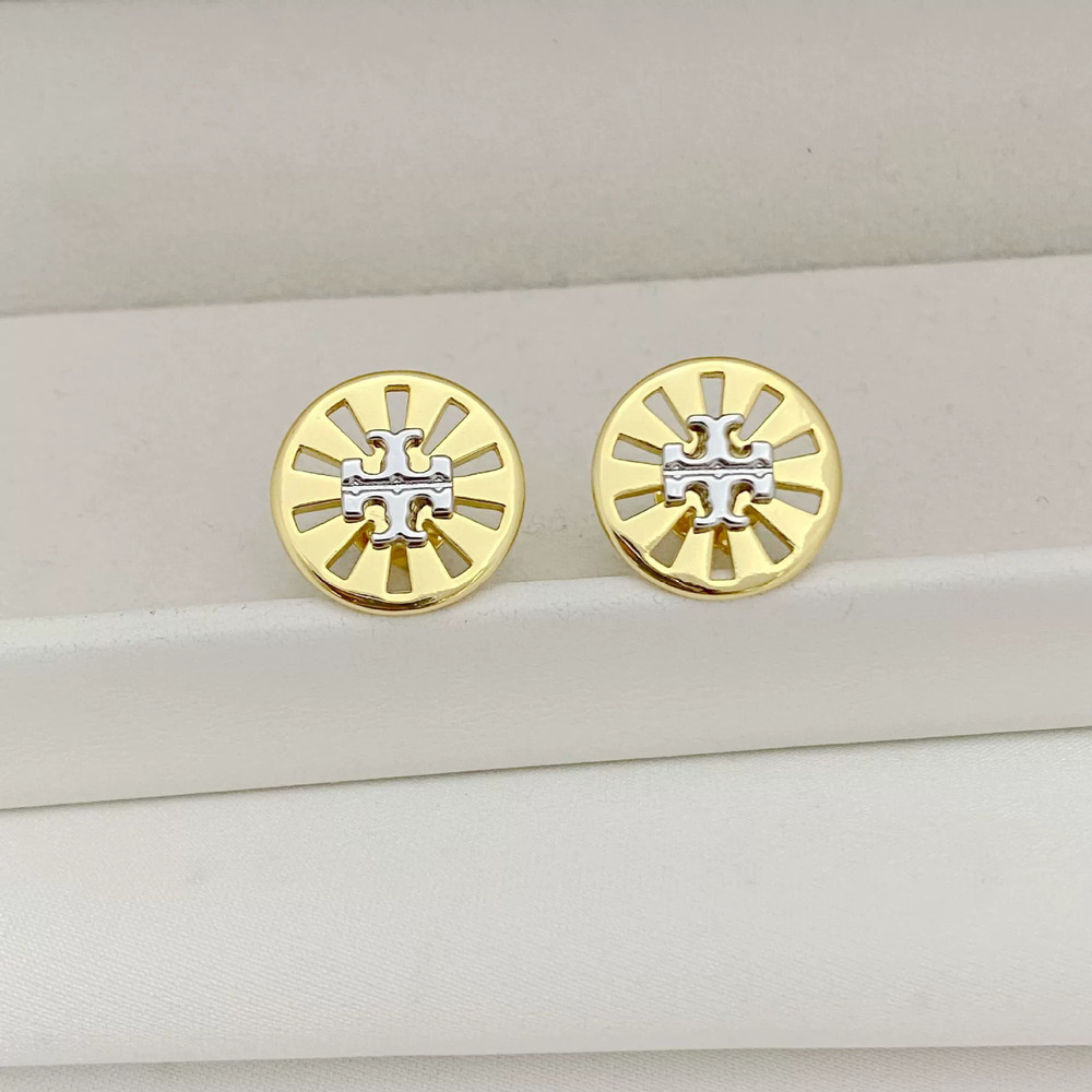 Tory Burch Round Metal Stud Earrings Hollow Letters
